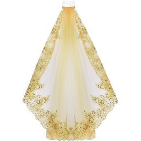 Catholic Wedding Sequin Lace Veil with Comb Bridal Dancer Stage Show Props Costume Headpiece Tulle Cathedral Bride Veil