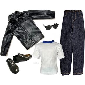Clothes Fashion Pack for Boy Boyfriend Ken Doll Action Figure Terminator Motorcycle Black Leather Jacket Jeans Shoes Sunglasses White T Shirt for 12 inch Doll