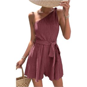 MakeMeChic Women's Casual Knot One Shoulder Shorts Jumpsuit Sleeveless High Waist Belted Rompers