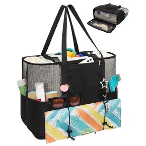 Mesh Beach Bag, Extra Large Beach Bags for Women, Travel Beach Tote Bag with Multi Pockets for Family & Vacation Essentials, Waterproof Sandproof Beach Tote with Wet Dry Separation for Beach Swim Pool