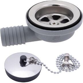 Ambassador Marine - 2 inch Drain, 95 Degree Drain, Low Profile, 1 inch Hose Barb, w/Chain Stopper - Ultra-Mirror Finish - S00-0101-UP-W