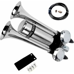Car Horn Ship Horn Prolong the sound Air Horn Loudspeaker Horn Silver Double Tube Truck Horn Metal Super Loud with Stainless Steel Air Tank Suitable for 12v 24v Train Ship Car Moto Truck ect