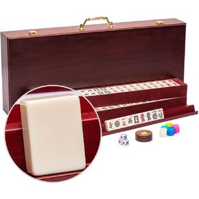 Yellow Mountain Imports American Mahjong Set, Classic Royale II with Redwood Veneer Case, Four Wooden Pusher Racks, Wind Indicator, Dice and Wright Patterson Count Scoring Coins