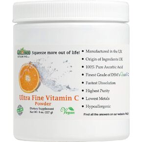 GMO Free Vitamins - Ultra Fine Vitamin C Powder, Made in UK, UK Ingredients - Highest Grade of Quali-C L-Ascorbic Acid for Maximum Bioavailability – Vegan (8 oz.)
