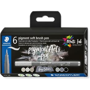 STAEDTLER Pigment Arts Soft Brush Pen, Grey Colours, Pack of 6 Pens, 372 C6