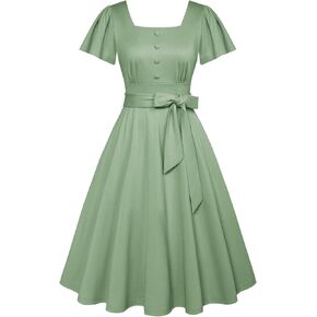 Belle Poque Women's Square Neck Dress Summer Ruffle Sleeve A Line 1950s Tea Party Dresses with Pockets