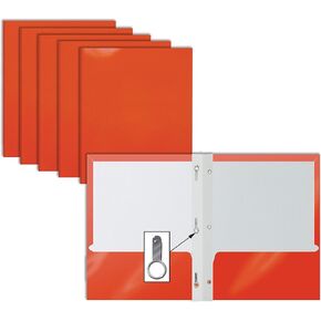 2 Pocket Glossy Orange Paper Folders with Prongs, 25 Pack, by Better Office Products, Letter Size, High Gloss Orange Paper Portfolios with 3 Metal Prong Fasteners, Box of 25, Orange