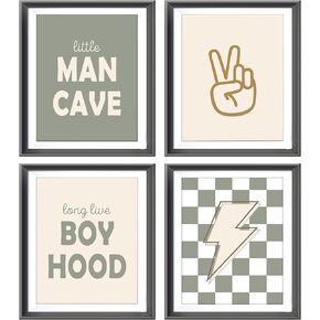Little Man Cave Retro Preppy Checkered Lightning Peace Sign Long Live Boyhood Poster Prints for Boy Teen Room Dorm Decor,Preppy Decorations Prints Wall Art Unframed 4pcs 8x10inches,Teen Boys Gifts