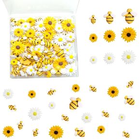 DANUDON 100PCS Resin Bee Daisy Flowers Decor Mini Bumblebee Embellishment Sunflower Bees Flatback Epoxy Beads Charms Craft with Box for DIY Craft Wreath Scrapbooking Party Decorations, 3 Sizes