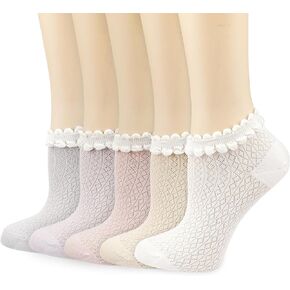 Mcool Mary Womens Socks, Ruffle Low Cut Casual Socks Knit Cotton Breathable Mesh Cute Lace Ankle Socks for Girls 5Pack