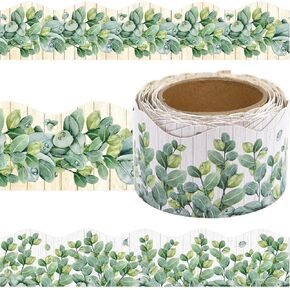 Eucalyptus Bulletin Board Border Die-Cut Classroom Decoration 36ft Per Roll Two Sided Printed Wood Leaves Border for Classroom Back to School Decoration