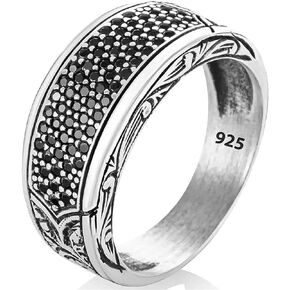 Sterling Silver Rings for Men with Black Zircon Stone, Handmade Mens Jewelry Ring, Hand Carved Wedding Ring, Hand Engraved Engagement Ring for Men, Wedding Band for Man, Gift for Him