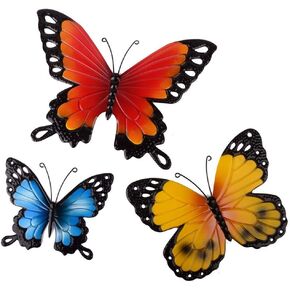 CraftyCrocodile Butterfly Wall Decor - Metal Decorations for Indoor or Outdoor Walls - Farmhouse-Style Ornaments for Home Interior, Patio, Porch, Deck, Garden - Set of 3 Yellow, Red & Blue Butterflies
