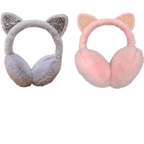 غطاء أذن لطيف للقطط، قطعتان من أغطية أذن القطط الدافئة، أغطية أذن للقطط للفتيات، أغطية للأذنين للأطفال للفتيات في الشتاء للأولاد والبنات، غطاء للأذنين للأطفال مع آذان القطط (وردي، رمادي) in Kuwait