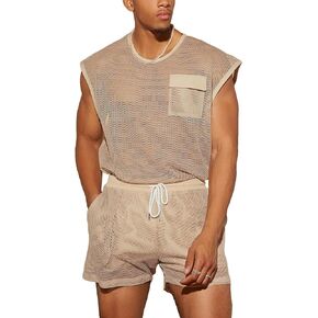 Verdusa Men's 2 Piece Tracksuit Sets Sheer Fishnet Round Neck Tank Top with Shorts
