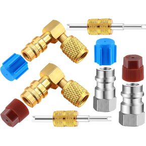 R12 to R134A AC Fitting Conversion Adapter Kit, Quick Coupler Valve A/C 90° Port Retrofit Adapter High/Low Pressure with Valve Core Remover for AC Air Conditioner Refrigerant (Gold Silver)