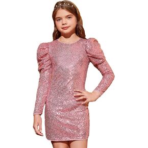 WDIRARA Girl's Glitter Sequin Gigot Long Sleeve Mini Dress Crewneck Slim Fit Party Bodycon Short Dresses