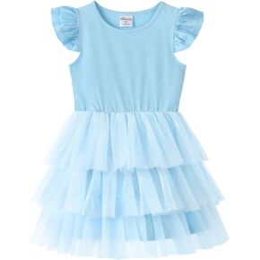 Noomelfish Girls Short Sleeve Layered Tulle Tutu Dress Ruffle Tiered Summer Princess Party Sundress (2-8 Years)