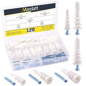 120Pcs Self Drilling Plastic Drywall Anchors with Screws Kit Including Dry Wall Ribbed Anchors, Cross Self-Tapping Screws for Home Decor, Hanging Solution with Storage Box（50-75 lbs）