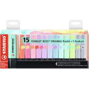 Highlighter - STABILO BOSS Original Pastel - Desk Set of 15pcs - 14 Assorted Colors (2X Dusty Grey)