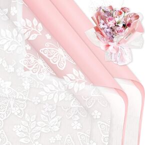 JarThenaAMCS 50 Sheets Butterfly Floral Wrapping Paper Pink White Honeycomb Flower Bouquet Paper Double Sided Florist Packaging Paper for Wedding Birthday Party Shop DIY Crafts Supplies