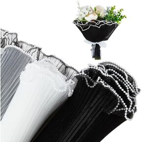 BENECREAT 8.74 Yards Flower Wrapping Mesh Paper, Black White Bouquet Packaging Paper Wrinkled Wavy Net Yarn with Pearl Edge for Mother's Day Decor Flower Florist Supplies, Wedding Gift