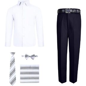 S.H. Churchill & Co. Boy's 6 Piece White Dress Shirt and Navy Comfort Waist Dress Pants Set - Includes Long Tie, Bow Tie, Hanky, and Belt – Size 14