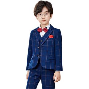 Boys Suit 3 Piece Formal Blue Plaid Slim Fit Kids Tuxedo Set Toddler Blazer Vest Dress Pants Ring Bearer Outfit