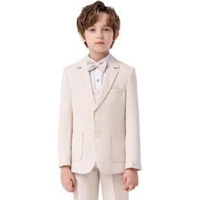 Boys Suit 4 Piece Formal Grey Beige Slim Fit Kids Tuxedo Set Toddler Blazer Vest Dress Pants Bow Tie Ring Bearer Outfit