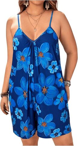 Floerns Women's Plus Size V Neck Floral Print Loose Sleeveless Cami One Piece Rompers in Saudi Arabia