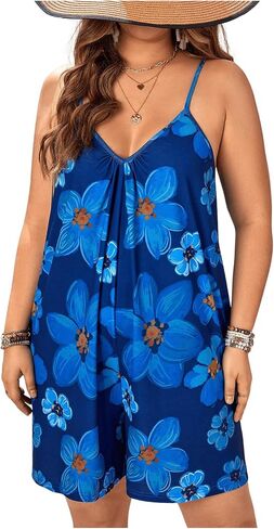 Floerns Women's Plus Size V Neck Floral Print Loose Sleeveless Cami One Piece Rompers in Saudi Arabia
