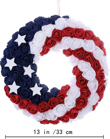 4th of July Wreaths for Front Door 13 Inch, Independence Day Red White Blue Rose Wreath Americana Patriotic Wreath July Fourth Memorial Day Flag Day Partriotic Decorations in Saudi Arabia