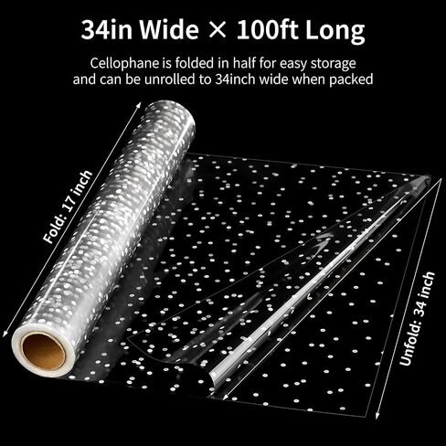 Jutieuo Clear Cellophane Wrap Roll | 100’Ft. Long X 34"In. Extra Wide | 2.5 Mil Thick Crystal Clear with Irregular White Dot | Bouquet, Baskets, Gifts, Crafts, Treats, Wrapping | Food Grade in Saudi Arabia