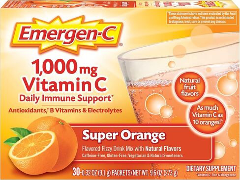 Emergen-C 1000mg Vitamin C Powder for Daily Immune Support Caffeine Free Vitamin C Supplements with Zinc and Manganese, B Vitamins and Electrolytes, Super Orange Flavor - 30 Count in Saudi Arabia