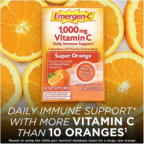 Emergen-C 1000mg Vitamin C Powder for Daily Immune Support Caffeine Free Vitamin C Supplements with Zinc and Manganese, B Vitamins and Electrolytes, Super Orange Flavor - 30 Count in Saudi Arabia