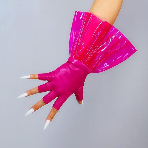 Women's Fashion Dress Leather Gloves Faux Lambskin PU Long PVC Ruffle Trim Cuff Long Fingless Gloves 28cm in Saudi Arabia