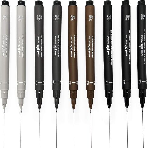 Uni Pin Fineliner Drawing Pen - Sketching Set - Black, Dark Gray, Light Gray, Sepia - 0.1/0.5mm - Set of 9 in Saudi Arabia