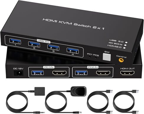 USB 3.0 HDMI KVM Switch 2 PC 1 شاشة تدعم مفاتيح KVM 4K@60 هرتز لجهازي كمبيوتر يشاركان شاشة واحدة و4 أجهزة USB مثل طابعة لوحة المفاتيح والماوس. يتضمن محول تيار مستمر 12 فولت/1 أمبير ووحدة تحكم سلكية in Kuwait