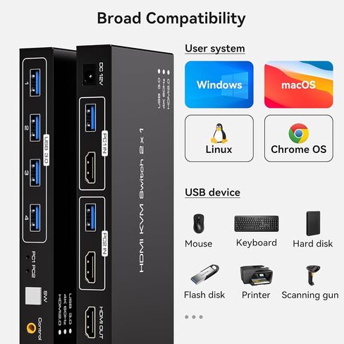 USB 3.0 HDMI KVM Switch 2 PC 1 شاشة تدعم مفاتيح KVM 4K@60 هرتز لجهازي كمبيوتر يشاركان شاشة واحدة و4 أجهزة USB مثل طابعة لوحة المفاتيح والماوس. يتضمن محول تيار مستمر 12 فولت/1 أمبير ووحدة تحكم سلكية in Kuwait