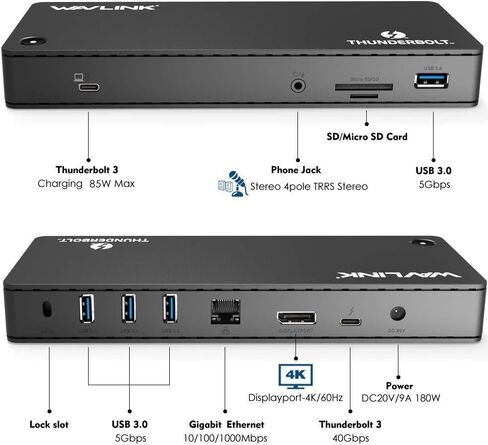 محطة إرساء WAVLINK Thunderbolt 3 مع شحن 85 وات، 2X Thunderbolt 3 حتى 40 جيجابايت/ثانية، منفذ عرض يصل إلى 4K@60 هرتز، 4X منافذ USB 3.0، فتحة بطاقة SD، LAN لأجهزة Mac/Windows Thunderbolt 3 أجهزة الكمبيوتر المحمولة in Saudi Arabia