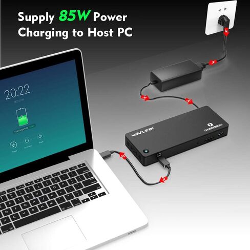 محطة إرساء WAVLINK Thunderbolt 3 مع شحن 85 وات، 2X Thunderbolt 3 حتى 40 جيجابايت/ثانية، منفذ عرض يصل إلى 4K@60 هرتز، 4X منافذ USB 3.0، فتحة بطاقة SD، LAN لأجهزة Mac/Windows Thunderbolt 3 أجهزة الكمبيوتر المحمولة in Saudi Arabia