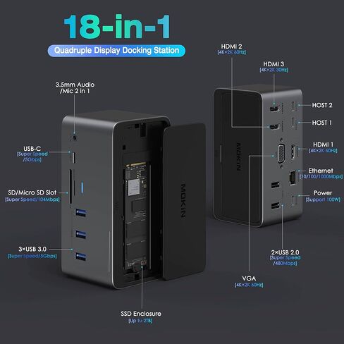 محطة إرساء، شاشة مزدوجة لرسو السفن USB C 18 في 1 لنظام التشغيل Windows/MacBook Pro/Air/Thunderbolt 3 Dock مع حاوية SSD 3 HDMI DP100W PD3.0 RJ45 Ethernet SD/TF قارئ بطاقات الصوت والميكروفون 5 منافذ USB. in Kuwait