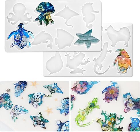 Resin Molds 16 Marine Terrestrial Amphibious Animals Keychain Making Silicone Molds for Resin Casting DIY Keychain Pendant Necklace Jewelry Making Ornaments Art Craft Decor in Saudi Arabia