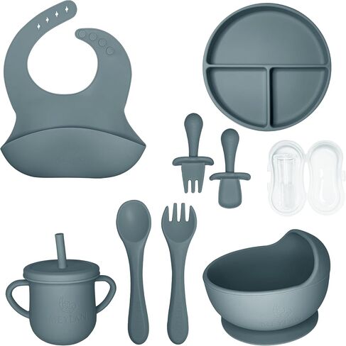 MEYLAN Baby Feeding Set - 10-Piece BPA-Free Soft Silicone Divided Plates, Tiny Cup, Spoon, Fork | Suction, Self-Feeding & Baby Led Weaning Supplies in Saudi Arabia