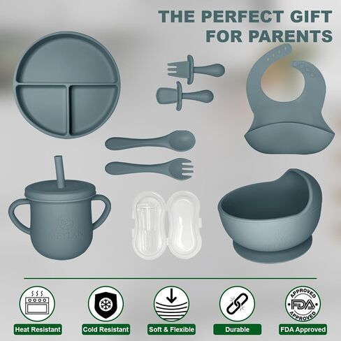 MEYLAN Baby Feeding Set - 10-Piece BPA-Free Soft Silicone Divided Plates, Tiny Cup, Spoon, Fork | Suction, Self-Feeding & Baby Led Weaning Supplies in Saudi Arabia