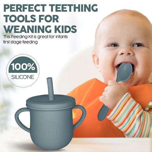 MEYLAN Baby Feeding Set - 10-Piece BPA-Free Soft Silicone Divided Plates, Tiny Cup, Spoon, Fork | Suction, Self-Feeding & Baby Led Weaning Supplies in Saudi Arabia
