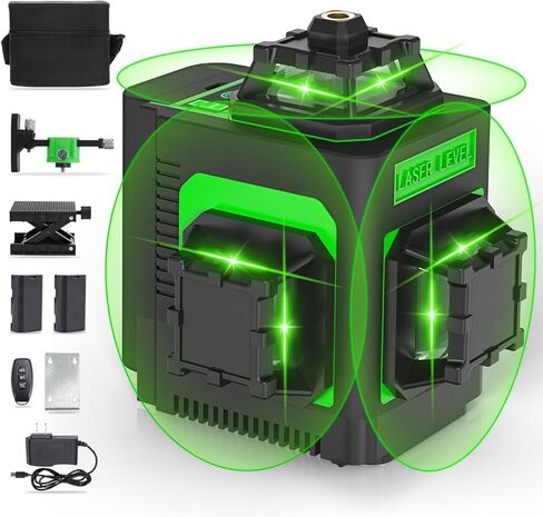 مستوى الليزر، 4x360 درجة 4D Cross Line Laser للبناء وتعليق الصور، 130 قدمًا 16 مستوى ليزر أخضر 360 تسوية ذاتية مع بطارية قابلة لإعادة الشحن 10000 مللي أمبير، النوع C، سطوع قابل للتعديل in Kuwait
