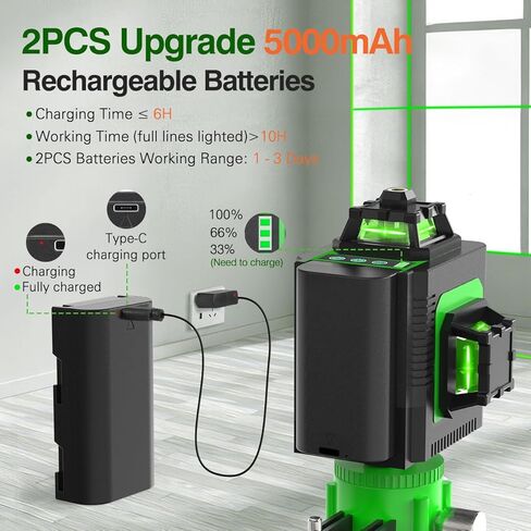 مستوى الليزر، 4x360 درجة 4D Cross Line Laser للبناء وتعليق الصور، 130 قدمًا 16 مستوى ليزر أخضر 360 تسوية ذاتية مع بطارية قابلة لإعادة الشحن 10000 مللي أمبير، النوع C، سطوع قابل للتعديل in Kuwait