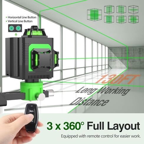 مستوى الليزر، 4x360 درجة 4D Cross Line Laser للبناء وتعليق الصور، 130 قدمًا 16 مستوى ليزر أخضر 360 تسوية ذاتية مع بطارية قابلة لإعادة الشحن 10000 مللي أمبير، النوع C، سطوع قابل للتعديل in Kuwait