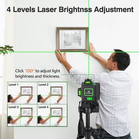 مستوى الليزر، 4x360 درجة 4D Cross Line Laser للبناء وتعليق الصور، 130 قدمًا 16 مستوى ليزر أخضر 360 تسوية ذاتية مع بطارية قابلة لإعادة الشحن 10000 مللي أمبير، النوع C، سطوع قابل للتعديل in Kuwait